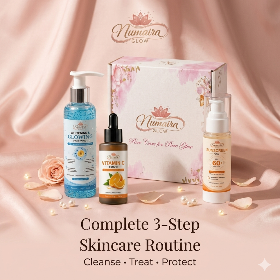 Numaira Glow skincare products on a soft pink background with 'Complete 3-Step Skincare Routine' text.